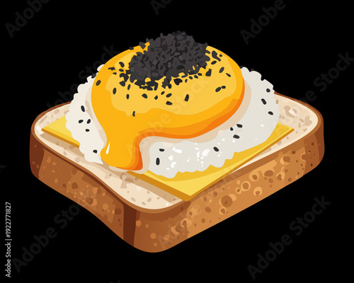 Savory toast topped with fried egg and black caviar garnish for elegant breakfast and luxury catering service - Vector Illustration