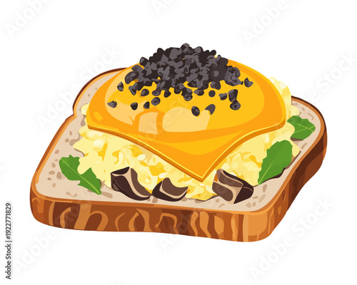Healthy breakfast toast with fried egg and black seeds for nutritious morning meal and cafe branding materials - Vector Illustration