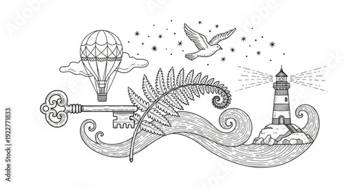 Intricate black and white illustration of a key, dragon, lighthouse, and hot air balloon.