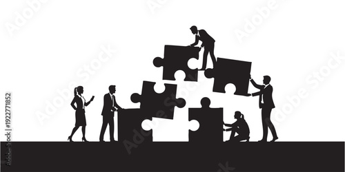 Group of business professionals building large puzzle pieces together as metaphor for teamwork problem solving collaboration and strategic company reorganization