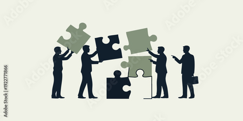 Group of business professionals assembling giant puzzle pieces for strategic solution teamwork collaboration concept problem solving creative planning execution