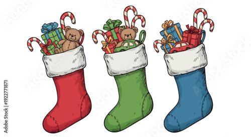 Festive holiday stockings filled with colorful presents, delightful toy bears, and classic candy canes, perfect for seasonal marketing campaigns and joyful celebration designs.