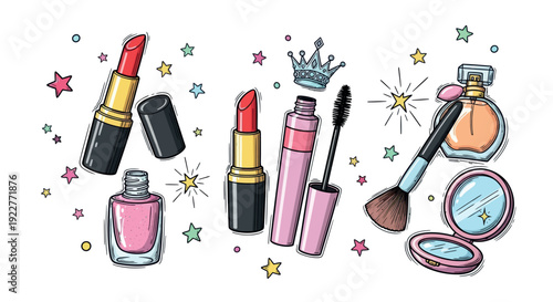 Vibrant collection of essential beauty cosmetic products including two colorful lipsticks, pink nail polish, volume mascara, classic perfume, a soft makeup brush, and a compact mirror