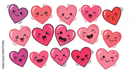 Cute pink and red heart symbols showcasing a range of cheerful facial expressions, ideal for conveying love and happiness in holiday marketing, digital stickers, and playful graphic content.