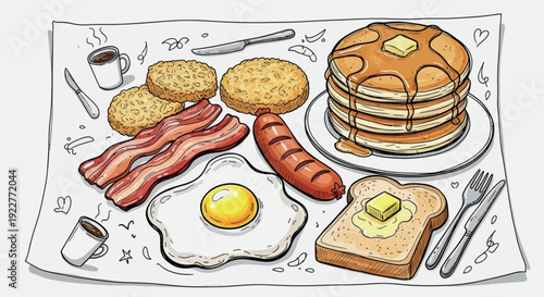 A delicious full breakfast spread featuring pancakes, bacon, eggs, hash browns, sausage, toast, and coffee perfect for food blogs, menu graphics, or culinary promotions.