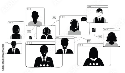 Virtual meeting grid with diverse customer support agents wearing headsets in video conference windows representing global communication and remote team collaboration