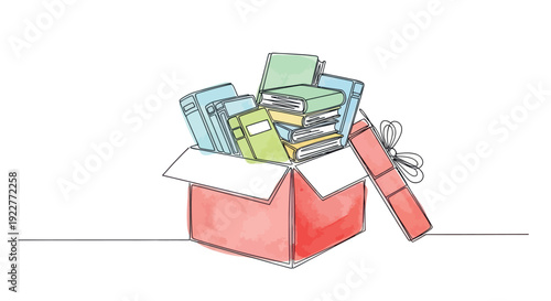 Open gift box filled with vibrant books rendered in a charming watercolor sketch style, perfect for educational promotions, literacy campaigns, or celebrating the joy of reading.