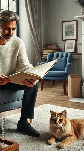 Man reads book in cozy living room with cat sitting on rug near him