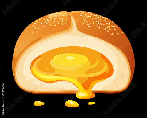 Gourmet artisan bread roll with thick melting yellow cheese inside for savory breakfast or lunch meal - Vector Illustration