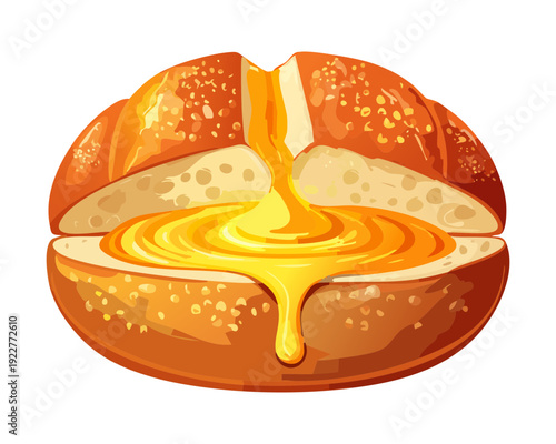 Round rustic bread loaf with pouring liquid cheese and golden butter for traditional savory bakery snack - Vector Illustration