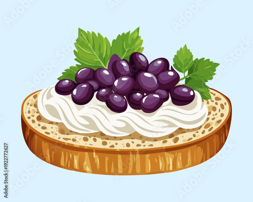 Open faced sandwich toast topped with creamy cheese and fresh purple grapes for healthy fruit snack - Vector Illustration