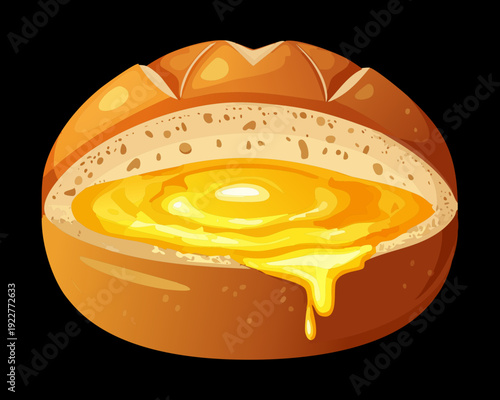 Toasted brioche bun with creamy cheese center and glistening honey glaze for sweet and savory breakfast - Vector Illustration