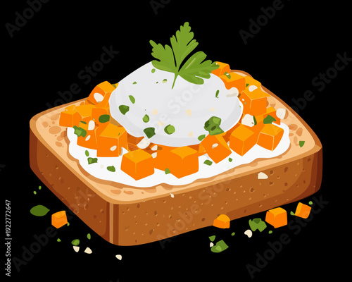 Gourmet appetizer toast with ricotta cheese and fresh salmon roe for luxury seafood catering event snack - Vector Illustration