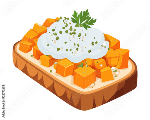 Roasted squash toast with whipped ricotta and fresh herbs for vegetarian friendly gourmet appetizer or snack - Vector Illustration
