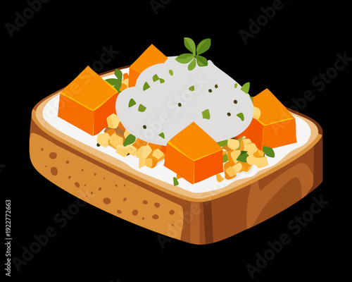 Crunchy toasted bread with savory vegetable cubes and herb cream cheese for delicious healthy lunch option - Vector Illustration