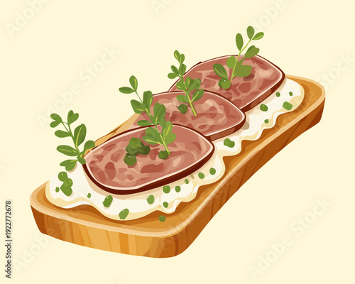 Gourmet rye bread toast topped with sliced roast beef and fresh thyme for savory protein snack - Vector Illustration