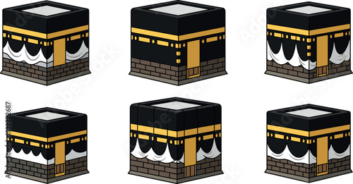 Kaaba mosque icon set flat vector collection of Islamic holy building for Hajj pilgrimage isolated on light background