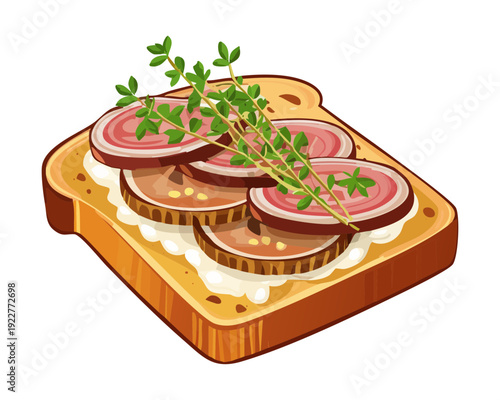 Artisan sandwich toast with savory deli meat slices and aromatic herbs for healthy lunch or breakfast - Vector Illustration