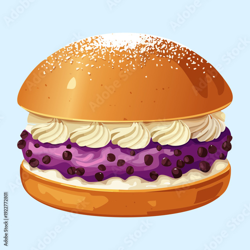 Gourmet dessert burger with fruit jam and whipped cream layers for unique sweet bakery snack treat - Vector Illustration
