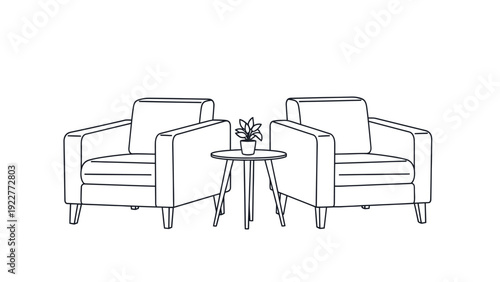 Comfortable armchairs arranged with a small side table and a potted plant, perfect for depicting a cozy waiting room or a relaxed lounge area in modern interior decor presentations.