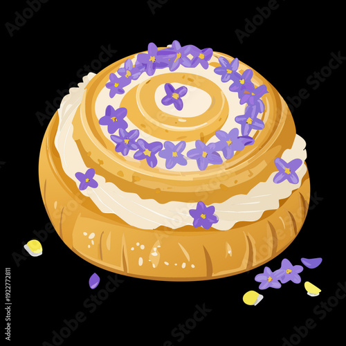 Round blueberry muffin with lavender flower garnish and sweet cream for floral flavored dessert snack - Vector Illustration