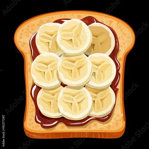 Open faced banana sandwich with honey and seeds on whole wheat bread for healthy daily breakfast - Vector Illustration