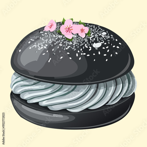 Modern charcoal bread burger with thick whipped cream and flower garnish for artistic gourmet dessert snack - Vector Illustration