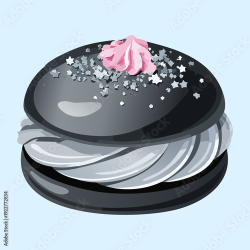 Charcoal bun dessert sandwich with sweet white cream and fruit glaze for trendy bakery snack option - Vector Illustration