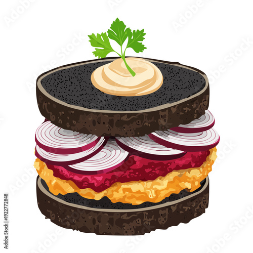 Layered black bread sandwich with savory vegetable and beet filling for healthy vegan gourmet lunch meal - Vector Illustration
