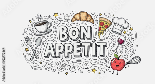 Hand drawn Bon Apptit lettering with assorted food items and kitchen utensils perfect for restaurant branding food blog graphics or kitchen themed promotional materials