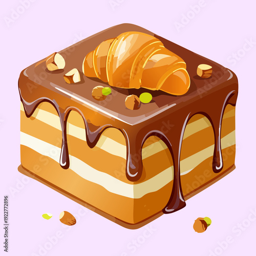 Elegant chocolate layer cake with mini croissant topper and caramel drizzle for luxury dessert party treat - Vector Illustration