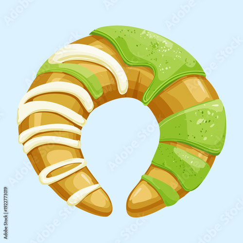 Striped pistachio and vanilla croissant with almond garnish for gourmet French style bakery breakfast treat - Vector Illustration