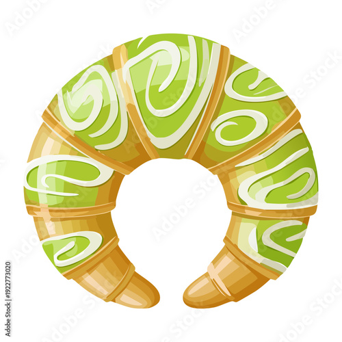 Glazed green pistachio croissant with spiral design and sweet cream for unique flavored bakery pastry snack - Vector Illustration