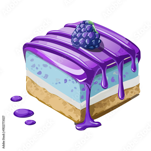 Layered blueberry cheesecake with purple berry glaze and fresh fruit topping for sweet gourmet dessert meal - Vector Illustration