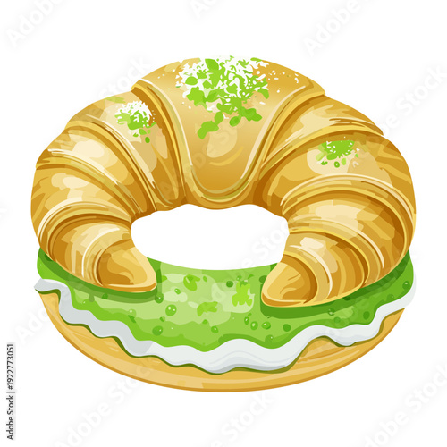 Glazed pistachio donut with lime cream filling and crushed nuts for refreshing sweet bakery dessert snack - Vector Illustration
