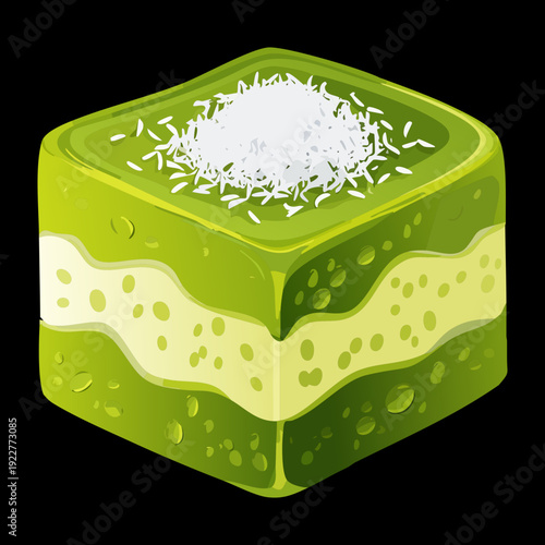 Pandan sponge cake with thick white cream and coconut topping for traditional Southeast Asian bakery snack - Vector Illustration