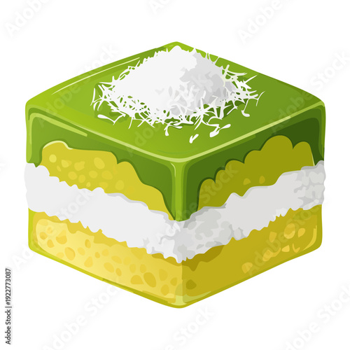 Green matcha layer cake with coconut flakes and sweet cream for healthy Japanese style dessert treat - Vector Illustration