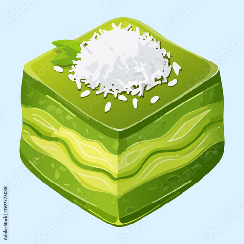 Layered green tea matcha cake with cream and coconut garnish for elegant Asian inspired dessert meal - Vector Illustration