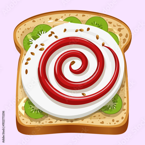 Healthy toast with white cream cheese and red berry jam swirl for simple morning snack meal - Vector Illustration