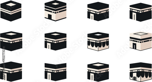 Kaaba silhouette icon set flat vector collection of Islamic holy mosque cube symbols isolated on light background