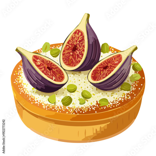 Artisan fig tart with creamy filling and pistachio sprinkle for delicious Mediterranean style bakery dessert snack - Vector Illustration