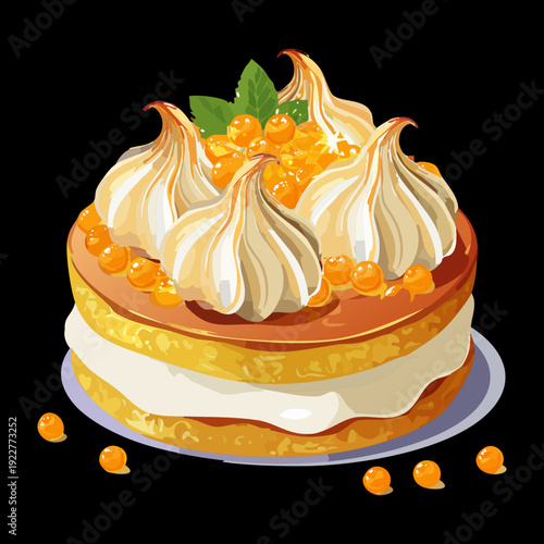 Multi layer pancakes stack with orange marmalade and whipped cream for sweet breakfast or dessert treat - Vector Illustration