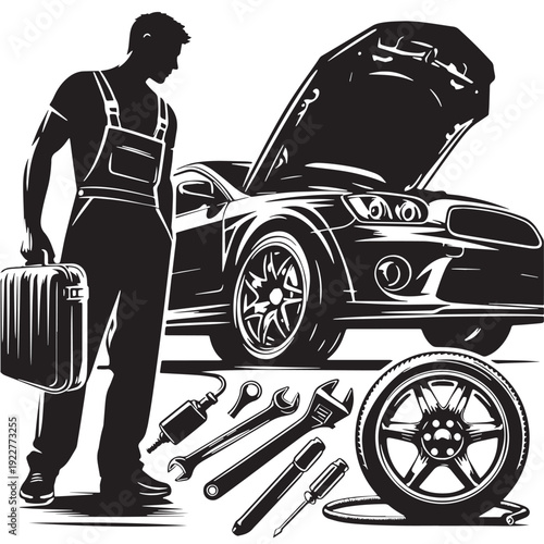 Black Mechanic under car Silhouette Vector, High Quality Illustration on White Background