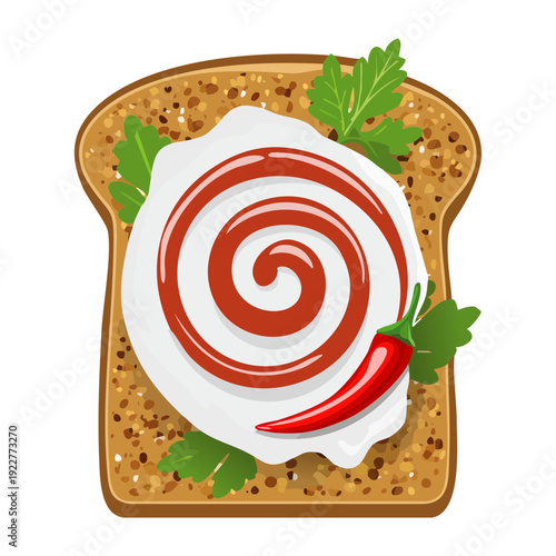 Whole wheat toast with herb cream and red chili jam spiral for savory breakfast snack option - Vector Illustration