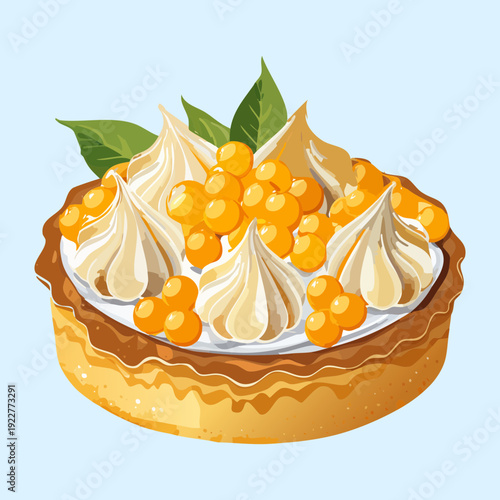 Elegant fruit tart with orange citrus cream and meringue garnish for refreshing bakery dessert snack meal - Vector Illustration