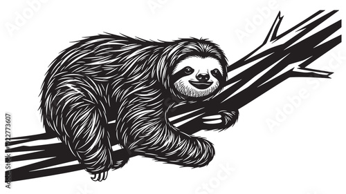 A sloth resting on a tree branch in a serene forest environment viewed from a close-up perspective.