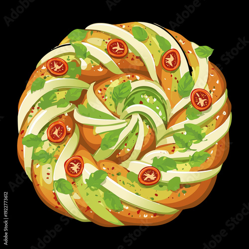 Round savory tart with spiral vegetable slices and herb garnish for healthy Mediterranean bakery snack - Vector Illustration