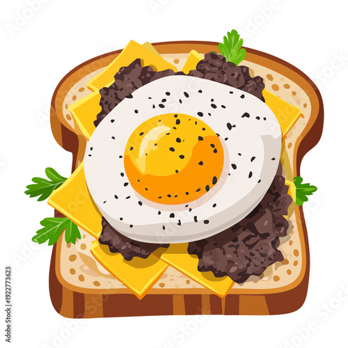 Gourmet breakfast toast with fried egg and savory meat crumble for protein rich morning meal - Vector Illustration