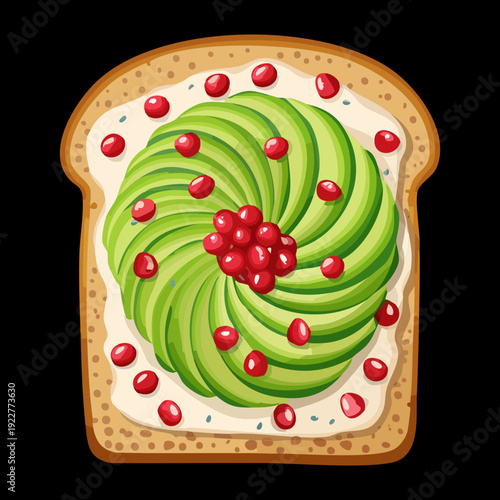 Avocado mash toast with red pomegranate seeds for colorful and healthy vegetarian morning snack meal - Vector Illustration