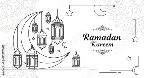 Ramadan Kareem crescent moon and lanterns illustration.